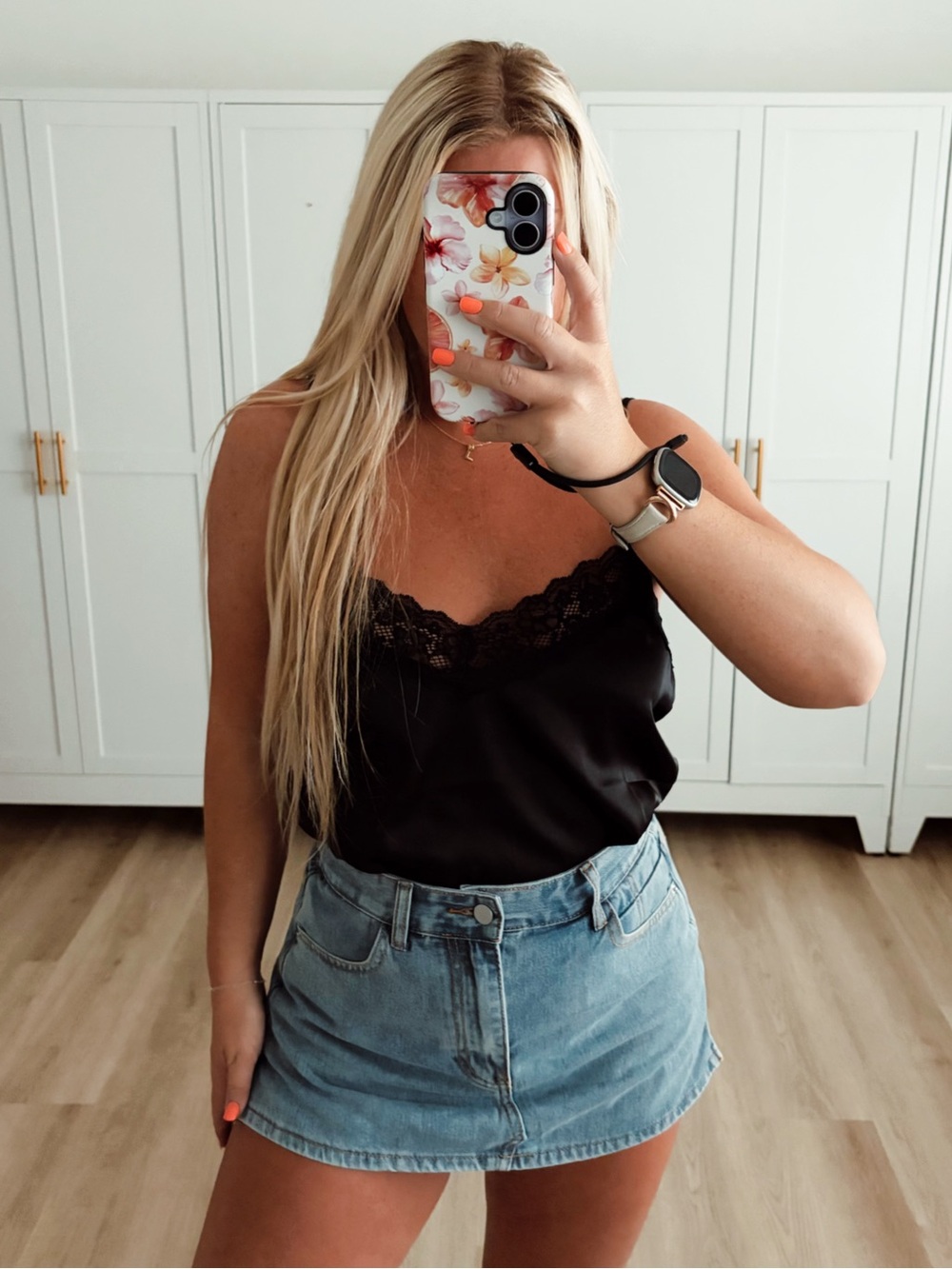Black lace trim silk cami